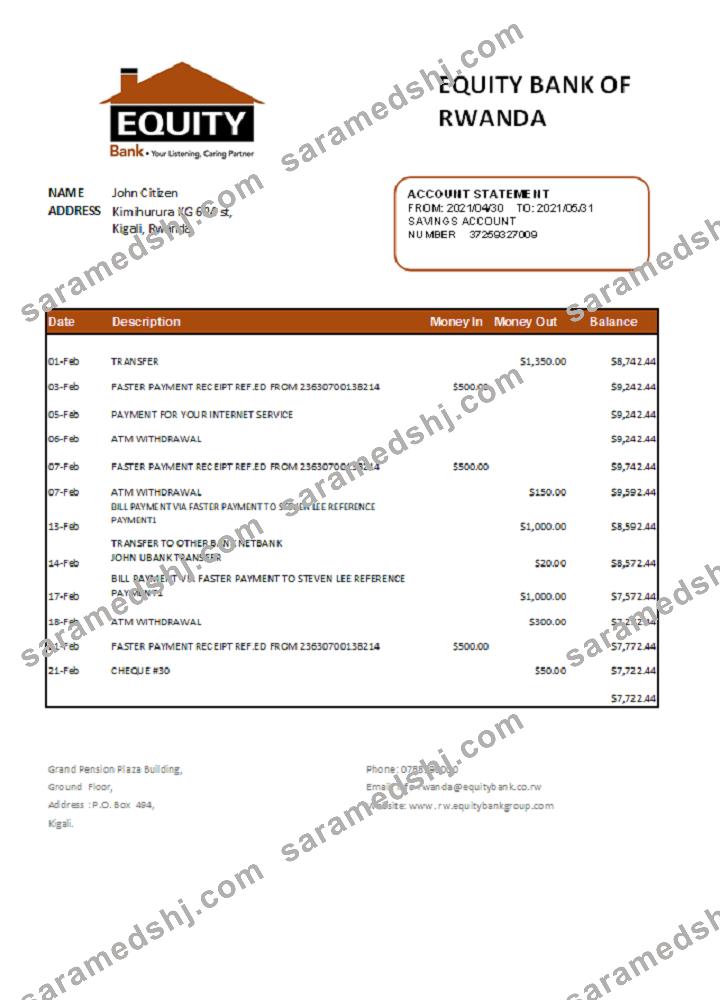Rwanda Equity Bank statement easy to fill template in .xls and .pdf file format.1